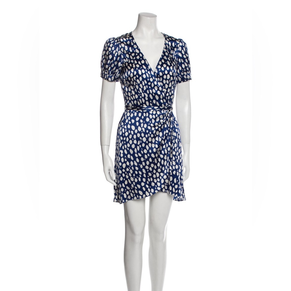 Reformation Blue and White Puff Sleeve Wrap Mini Dress